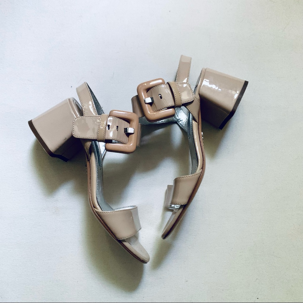 Prada Beige Tan Cream Block Wedge Strappy Heels Size 35